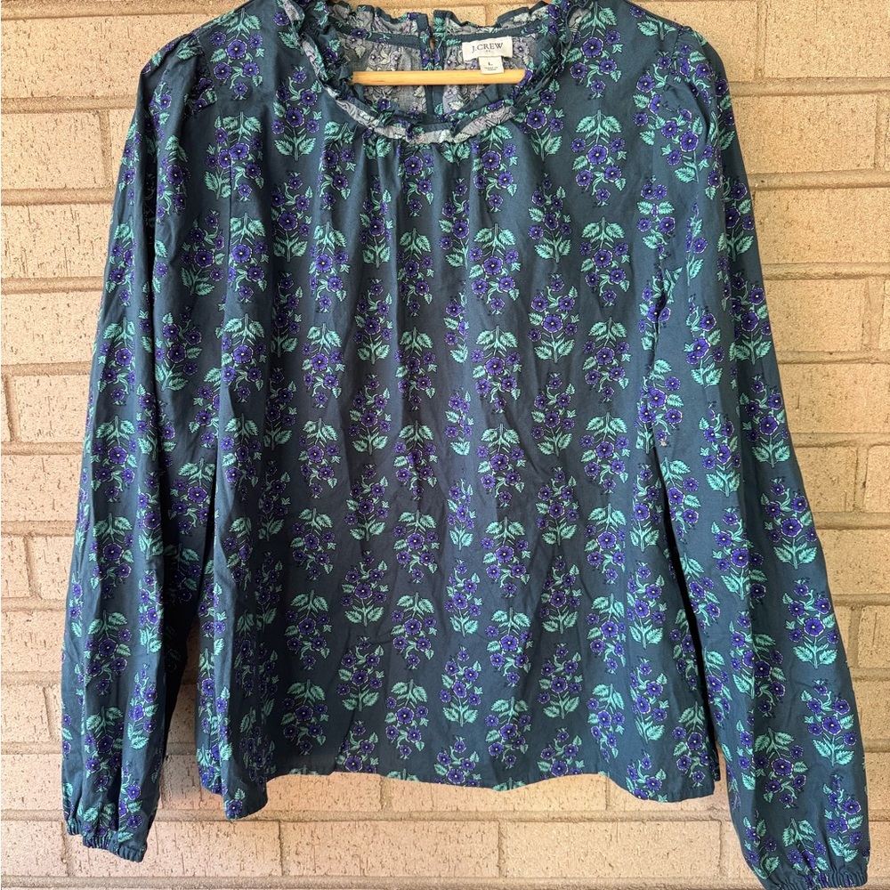 J. Crew Ruffleneck Teal Purple Floral Long Sleeve Poplin Blouse Large - Picture 9 of 9